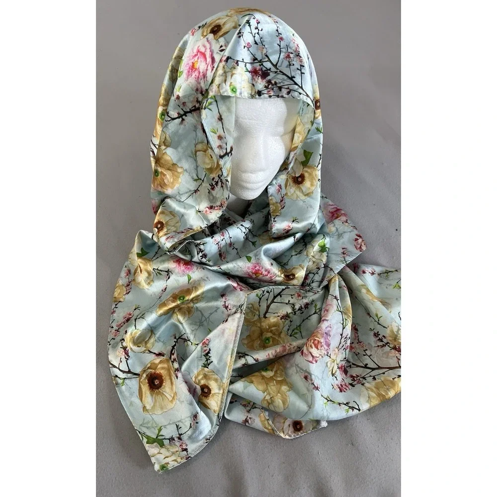 Women's Blossoms Floral Sky Blue Printed 100% Silk Scarf Wrap 28